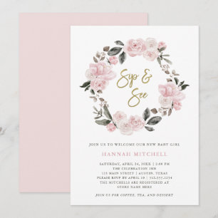 Invitación Vintage Floral Rubor Watercolor Sip y See
