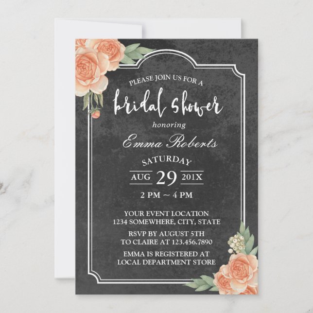 Invitación Vintage Floral Rustic Chalkboard Bridal Shower (Anverso)