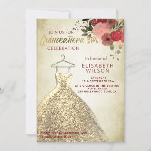 Invitación Vintage Floral Secuencias de oro vestido Quinceañe