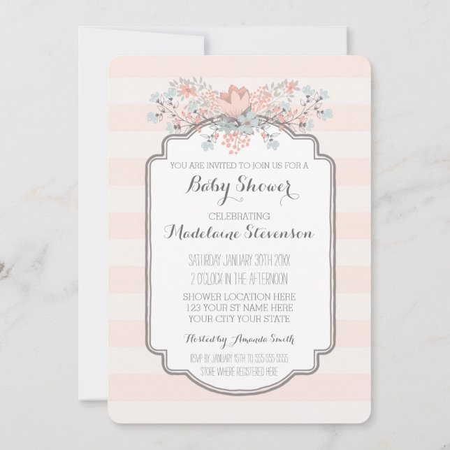 Invitación Vintage Floral Stripes Baby Shower Invitations (Reverso)