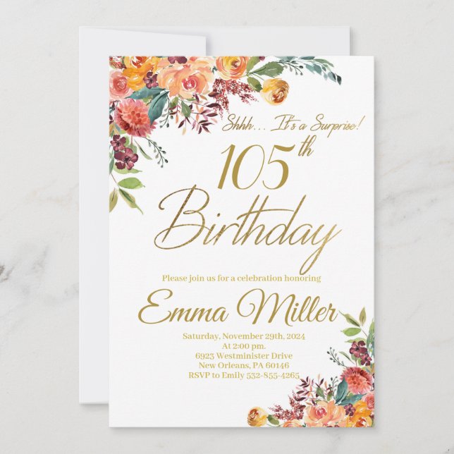 Invitación Vintage Floral Surprise 105th Birthday Party (Anverso)