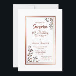 Invitación Vintage Floral Surprise 18th Birthday Dinner<br><div class="desc">Elegante rosa de oro/cobre bordeado de sorpresas florales de 18 años,  invitación a la cena con adornos florales de oro cálidos en las esquinas diagonales y texto en burdeos.</div>