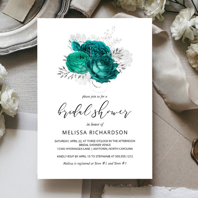 Invitación Vintage Floral Teal Silver Bridal Shower (Subido por el creador)