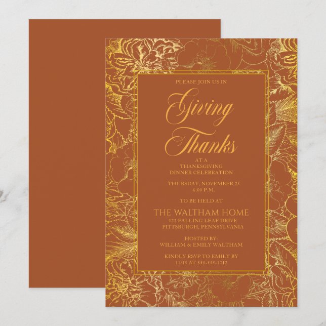 Invitación Vintage Floral Terracotta Gold Acción de Gracias (Anverso / Reverso)