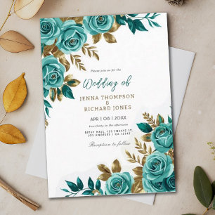 Invitación Vintage Floral Watercolor Gold Boda Verde azulado