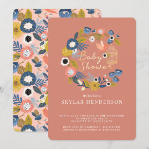 Invitación Vintage Floral Wreath Birdcage Mom & Baby Bird