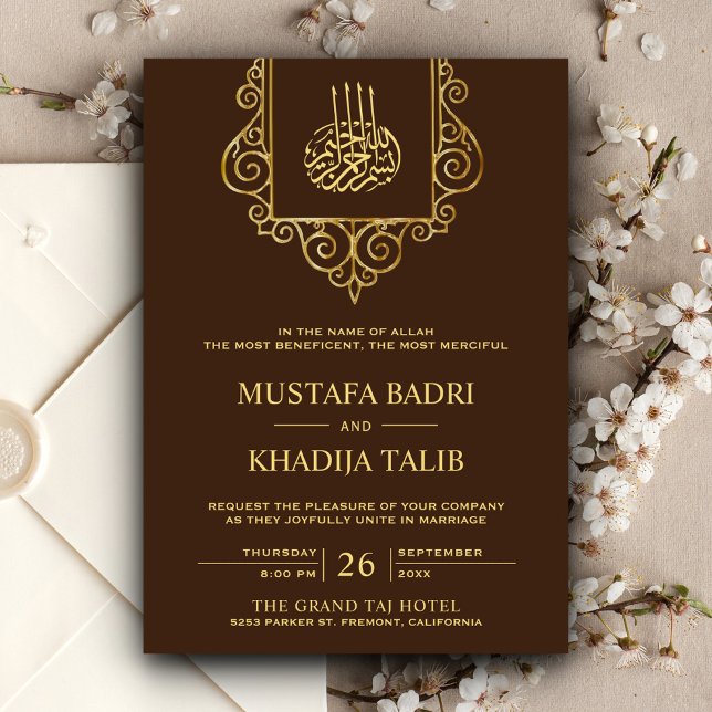 Invitación Vintage Flourish Gold Brown Boda islámica (Subido por el creador)
