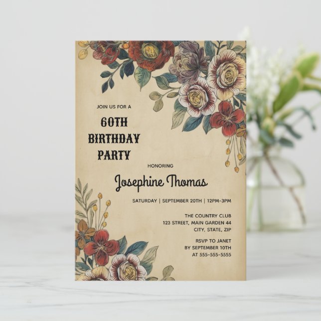 Invitación Vintage Flower Birthday (Anverso de pie)