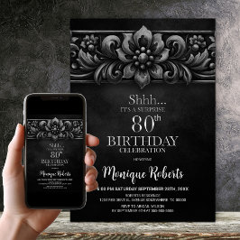 Invitación Vintage Flower Black Surprise 80th Birthday Party