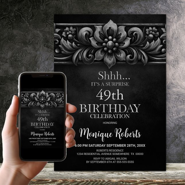 Invitación Vintage Flower Black Surprise Birthday Party (Subido por el creador)