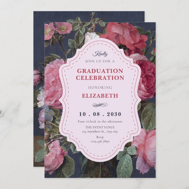 Invitación Vintage flower bouquet art graduation (Anverso / Reverso)