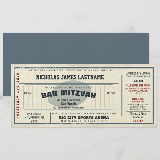 Invitación Vintage Football Pass Bar Mitzvah (Anverso / Reverso)