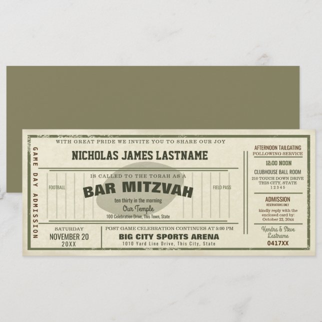 Invitación Vintage Football Pass Bar Mitzvah (Anverso / Reverso)