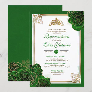 Invitación Vintage Forest Green Gold Roses Royal Quinceanera