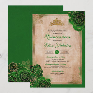 Invitación Vintage Forest Green Gold Roses Royal Quinceanera