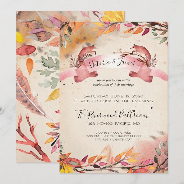 Invitación Vintage Foxes Evending Only Wedting (Anverso / Reverso)
