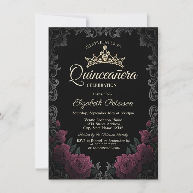 Invitación Vintage Frame Dark Red Roses Gothic Quinceañera  (Anverso)