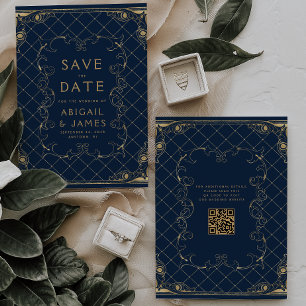 Invitación Vintage Frame Navy Blue Gold Wedding Save the Date