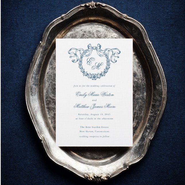 Invitación Vintage French Monogram Wreath Blue Wedding (Subido por el creador)