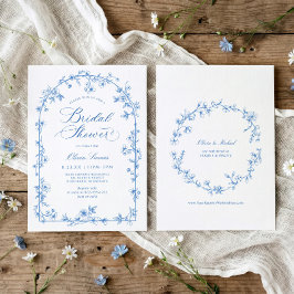 Invitación Vintage French Toile Blue Floral Bridal Shower