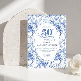 Invitación Vintage French Toile Blue Rose 50th Birthday Invit