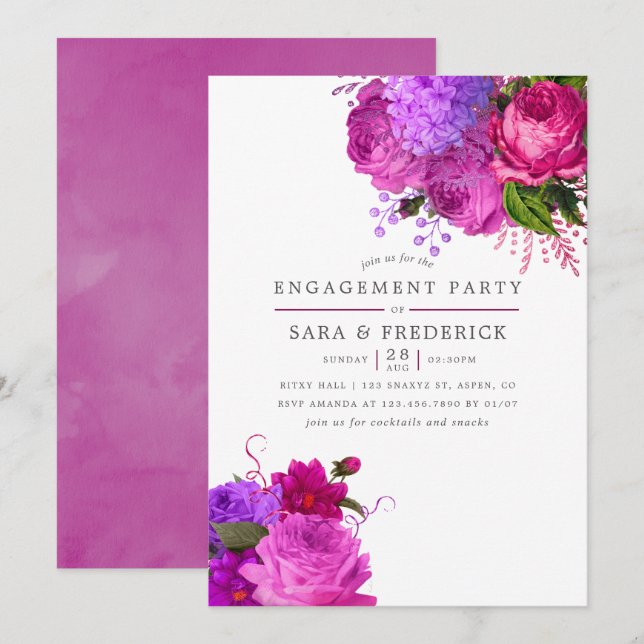 Invitación Vintage Fuchsia and Purple Shabby Engagement Party (Anverso / Reverso)