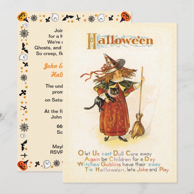 Invitación Vintage Fun Little Witch Halloween (Anverso / Reverso)