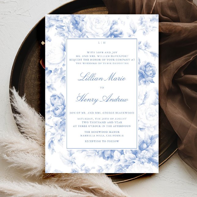 Invitación Vintage Garden Blue Toile Boda clásico moderno (vintage garden wedding invitation blue toile french floral botanical old money formal traditional)