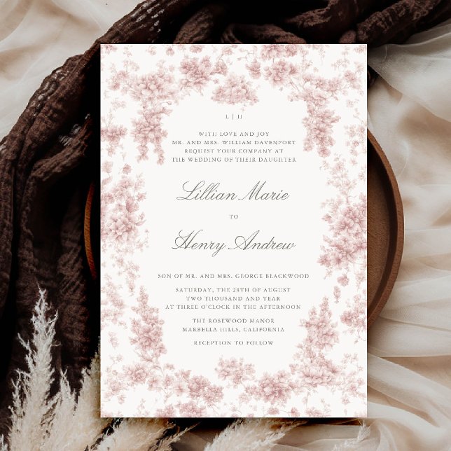 Invitación Vintage Garden Chateau Pink Toile Classic Boda (vintage garden wedding invitation dusty pink toile french floral romantic old money formal tradition)