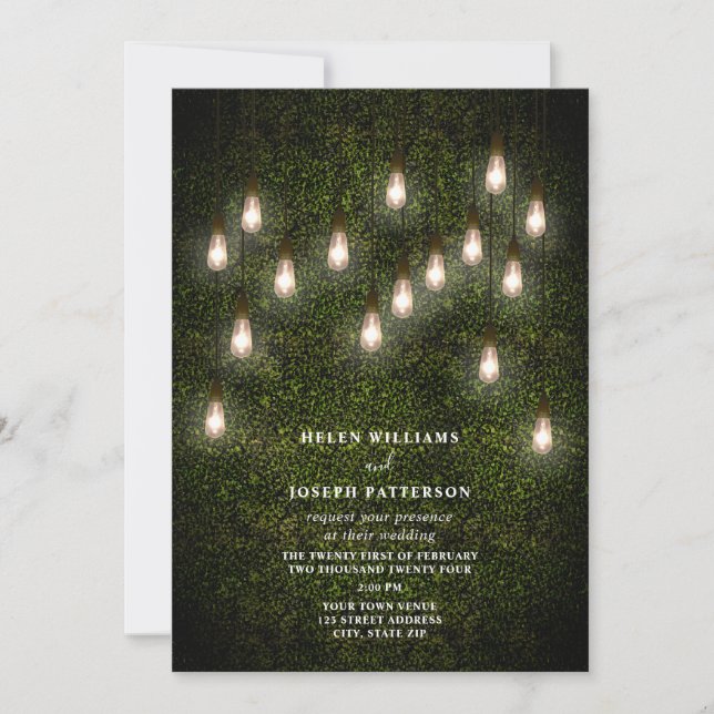Invitación Vintage Garden Lightbulbs Boxwood Greenery Boda (Anverso)