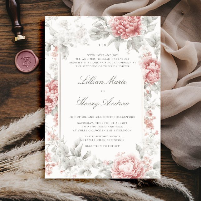 Invitación Vintage Garden Red Black Toile Classic Boda (vintage garden wedding invitation red black toile french floral romantic old money formal tradition)