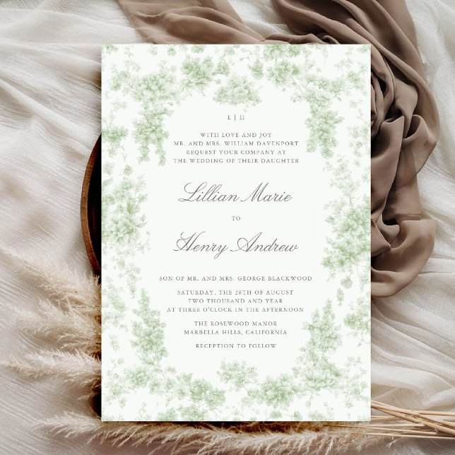 Invitación Vintage Garden Toile Sage Green Classic Boda (vintage garden wedding invitation chateau sage green toile floral romantic old money formal classic)