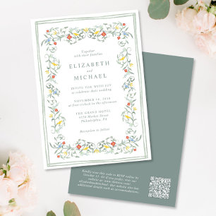 Invitación Vintage Garden Watercolor QR Code Sage Boda