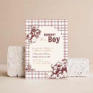Invitación Vintage Gingham Occidental Fiesta de Bebé Pequeño 