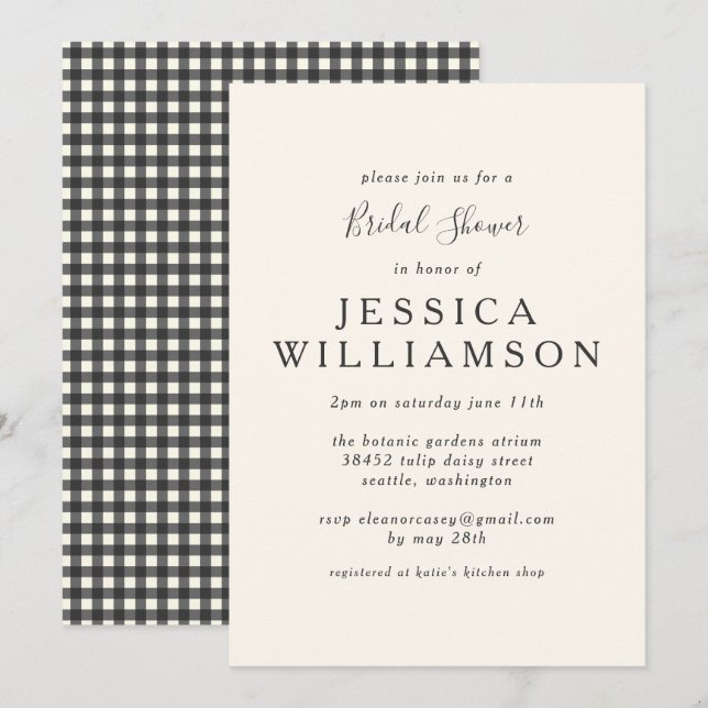 Invitación Vintage Gingham Plaid Black White Bridal Shower (Anverso / Reverso)