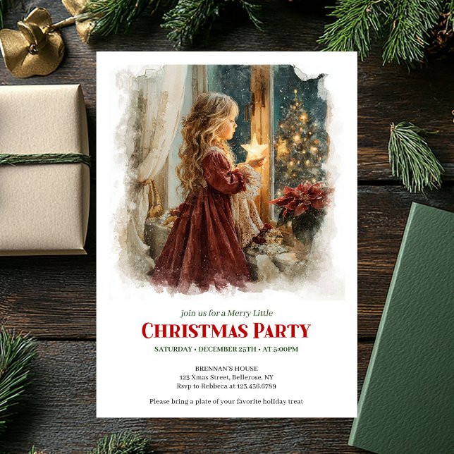 Invitación Vintage girl awaiting Santa editable Christmas  (Vintage girl awaiting Santa editable Christmas invitation

)