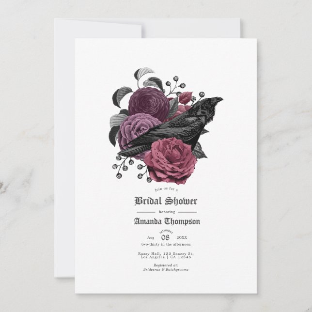 Invitación Vintage Glam Mauve Raven Gótica Bridal Shower (Anverso)