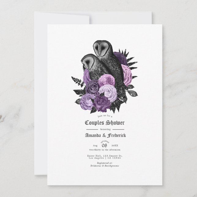 Invitación Vintage Glam Purple Owls Ducha Gótica Parejas (Anverso)