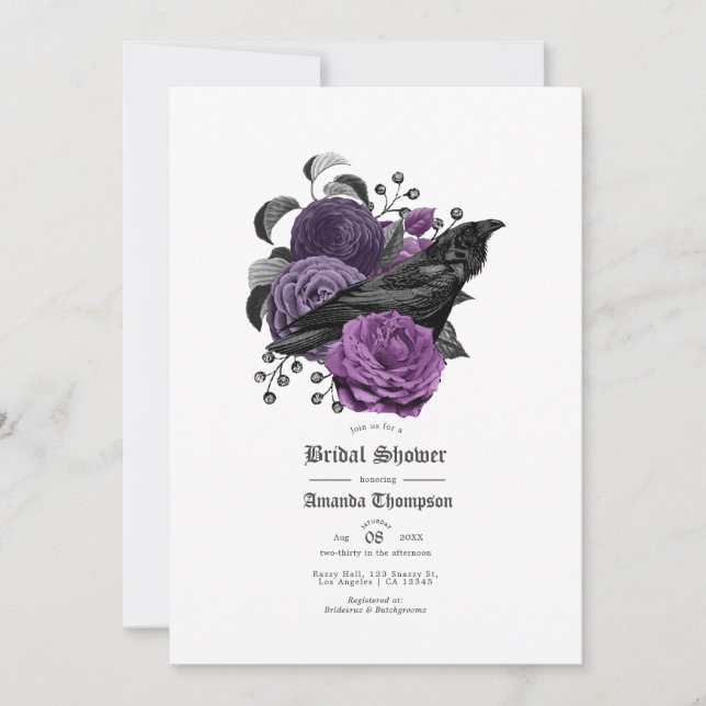 Invitación Vintage Glam Purple Raven Gótica Bridal Shower (Anverso)