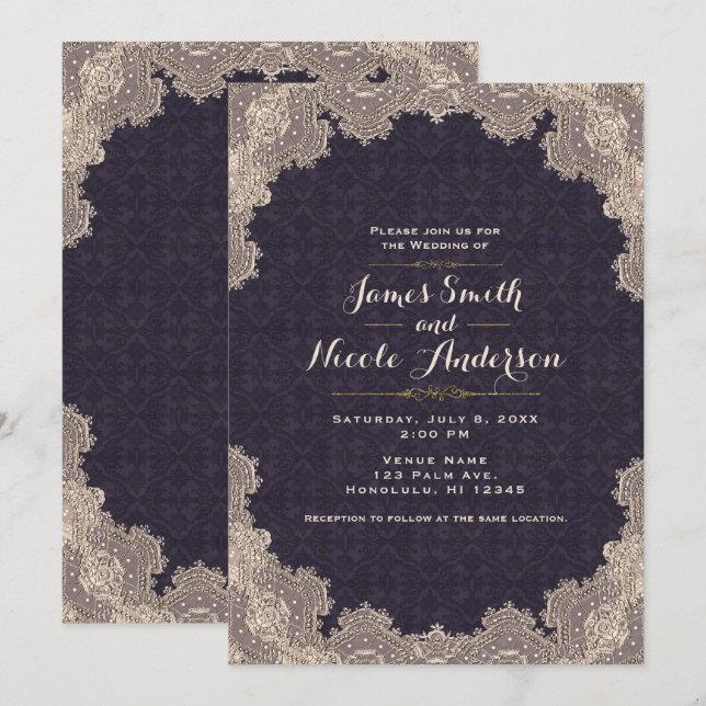 Invitación Vintage Glam Romantic Lace Purple Elegant Wedding (Anverso / Reverso)