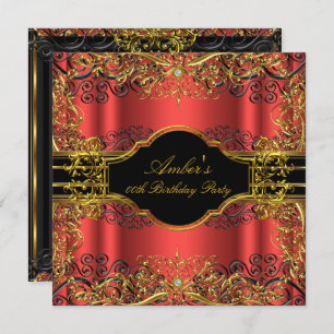 Invitación Vintage Glamour Red & Gold Swirl Fiesta de cumplea