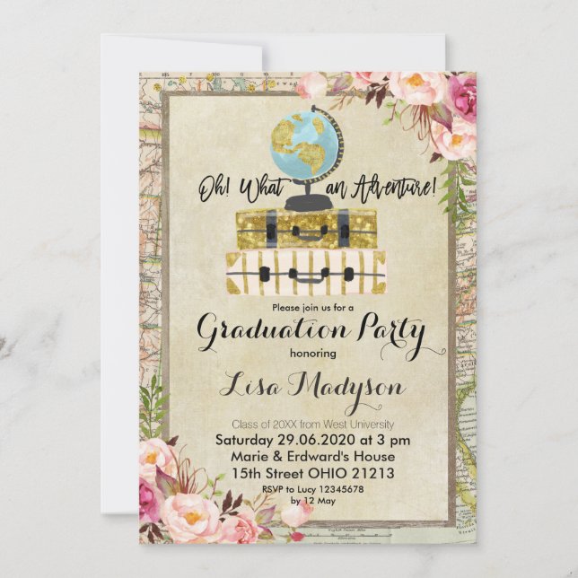 Invitación Vintage Globe Adventure Party Invitado (Anverso)