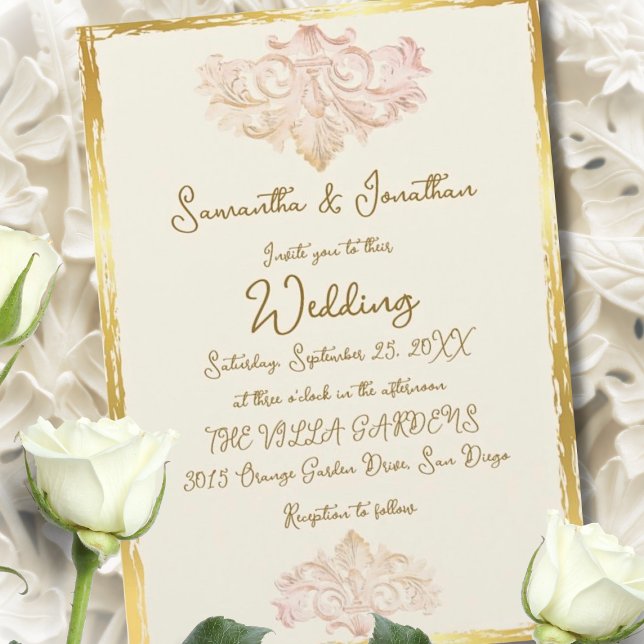 Invitación Vintage Gold Baroque Wedding Elegance (Elegant baroque wedding invitation framed in gold, featuring soft blush scrolls and timeless romance)