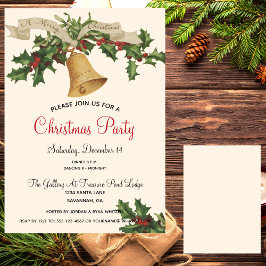Invitación Vintage Gold Bell Merry Xmas Cinta Cena Fiesta