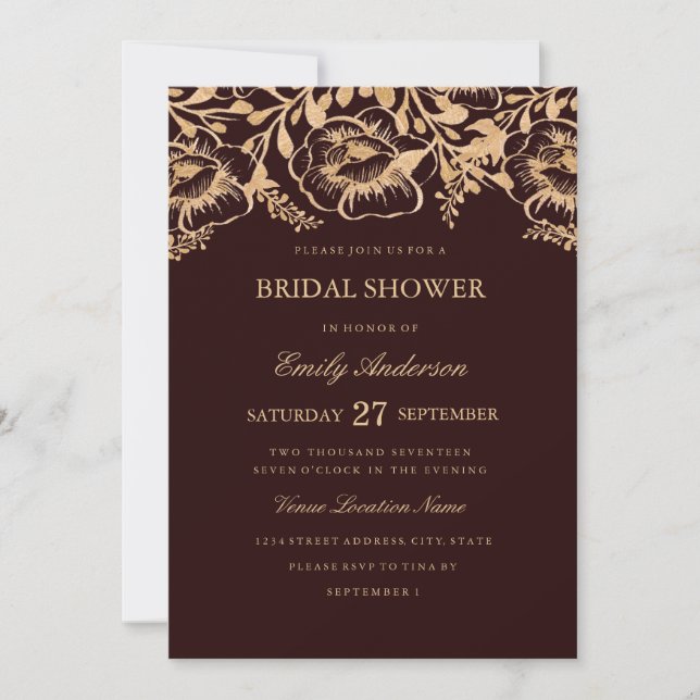 Invitación Vintage Gold Burgundy Floral Bridal Shower (Anverso)