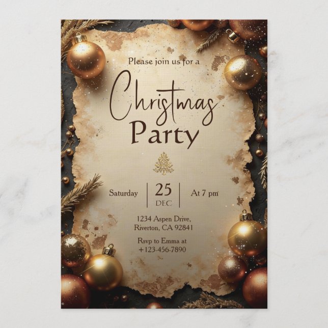 Invitación Vintage Gold Christmas Party Invitation (Anverso)