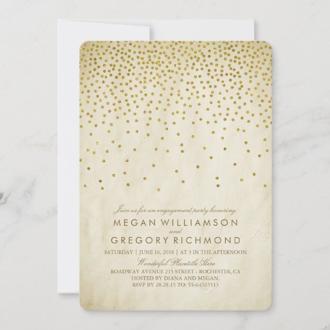 Invitación Vintage Gold Confetti Engagement Party (Anverso)