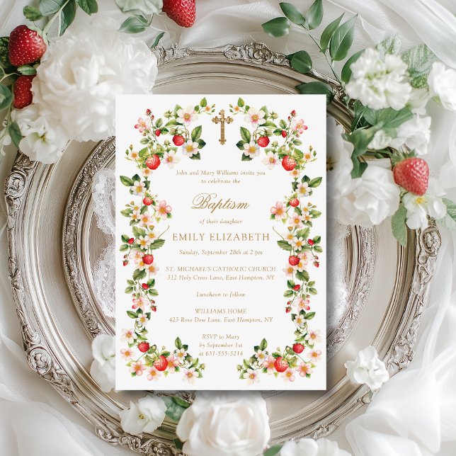 Invitación Vintage Gold Cross Flowers & Strawberries Baptism (This adorable baptism invite features strawberry fruits and flowers and a beautiful gold script font)