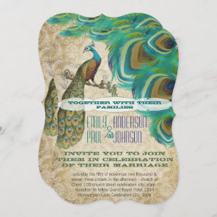 Invitación Vintage Gold Damask Peacock Vintage 4 Fethers