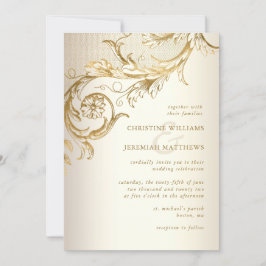 Invitación Vintage Gold Floral Damask All In One RSVP Boda